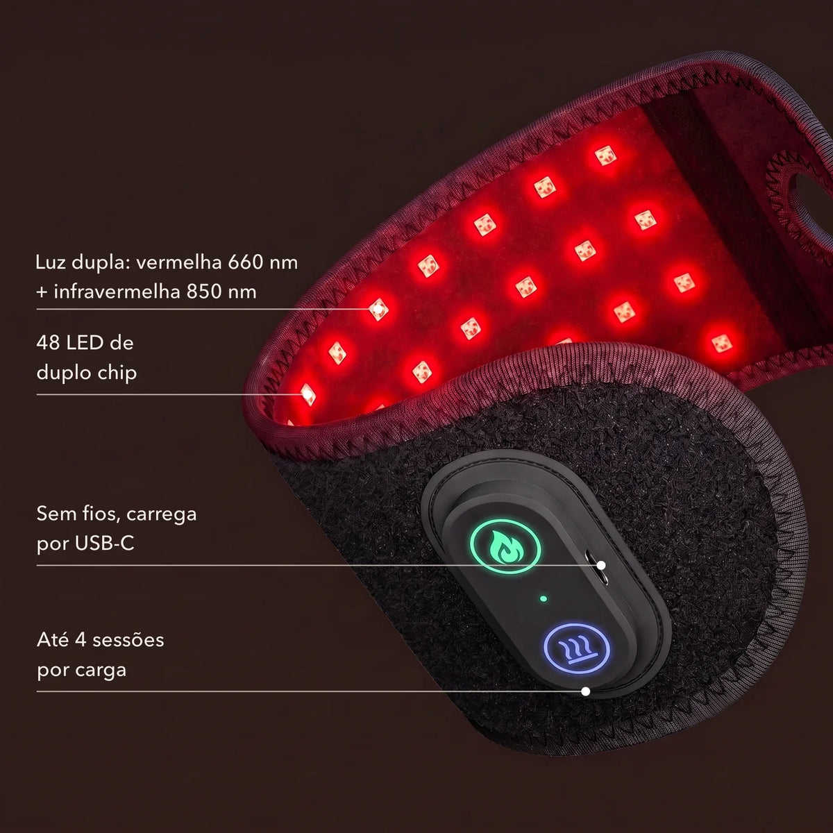 LuxPulso aberto: luz dupla 660 nm + 850 nm, 48 LED, USB-C
