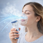 Mulher a usar o nebulizador portátil Azurikass